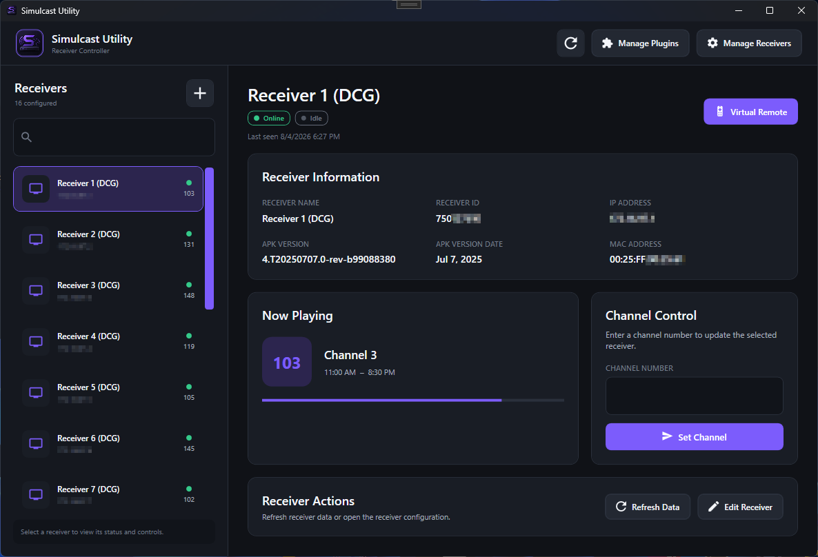 Simulcast Utility main receiver dashboard