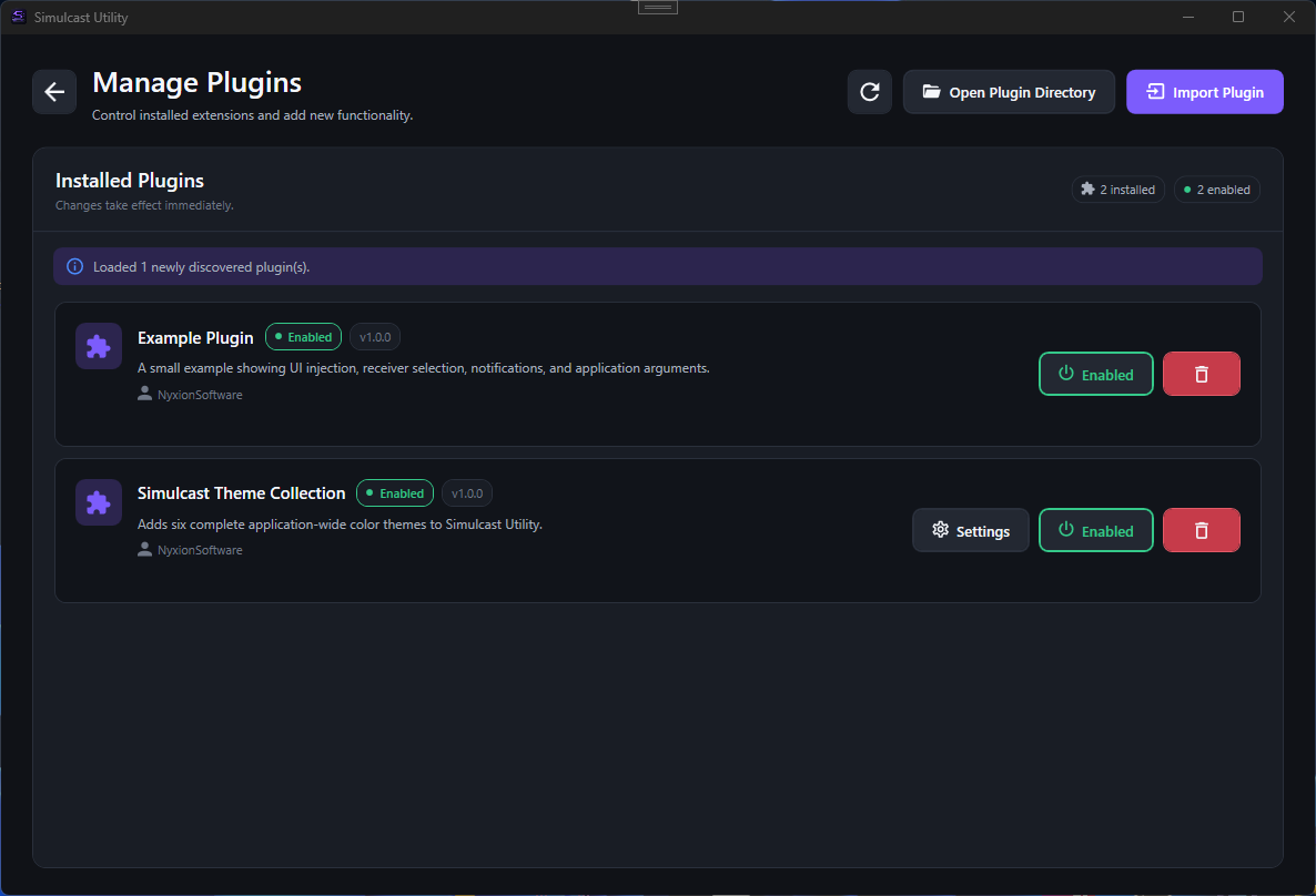 Simulcast Utility plugin management screen