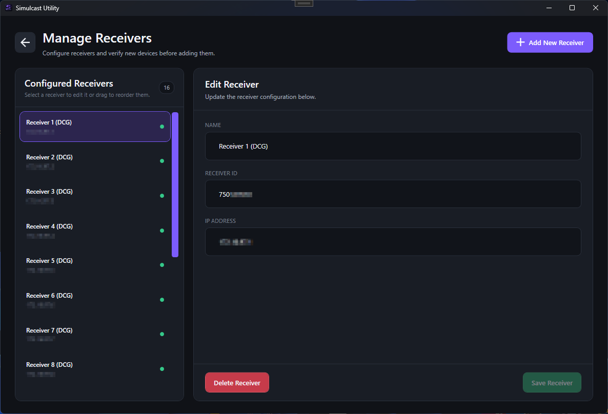 Simulcast Utility receiver management screen